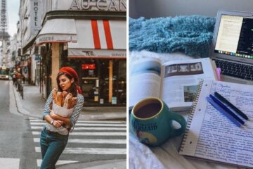 a girl holds a bag of bread in france, someone studies with books and notes