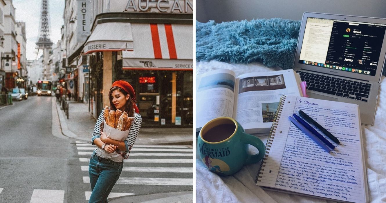 Se você aprender o idioma antes de visitar esses países, os locais vão adorar você 1 uma menina segura um saco de pão na frança, alguém estuda com livros e anotações