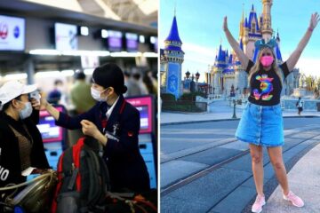 temperature checking at the airport, a girl wears a mask at disney