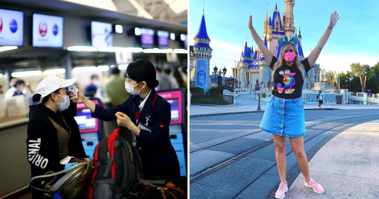 Se você precisa viajar, veja como fazê-lo com responsabilidade 1 verificação de temperatura no aeroporto, uma garota usa máscara na disney