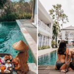 a girl sits at the pool in Mulia Resort & Villas with a picnic, a couple sits poolside in bali