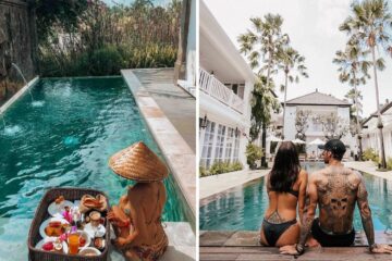 a girl sits at the pool in Mulia Resort & Villas with a picnic, a couple sits poolside in bali