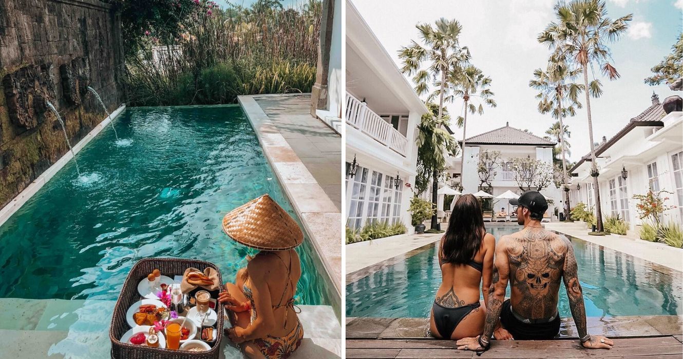 Se você reservar essas experiências com tudo incluído, poderá ficar em uma bela villa 1 uma garota sentada na piscina do Mulia Resort & Villas fazendo um piquenique, um casal sentado à beira da piscina em bali