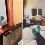 a camera is found in a hotel room, a guest lounges in a hotel room