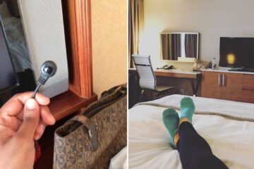 a camera is found in a hotel room, a guest lounges in a hotel room