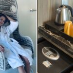 a hotel guest lounges in a bathrobe, a coffee maker and complimentary coffee in a hotel room
