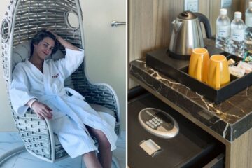 a hotel guest lounges in a bathrobe, a coffee maker and complimentary coffee in a hotel room