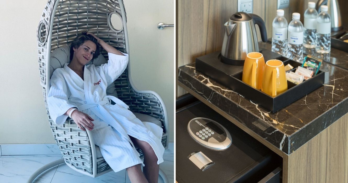 um hóspede do hotel relaxa em um roupão de banho, cafeteira e café de cortesia em um quarto de hotel