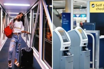 a girl walks through the airport with her luggage, the self check-in service at the airport