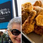 a woman takes a selfie in front of poogans porch, chicken and waffles from jestine's kitchen in charleston, SC