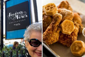 a woman takes a selfie in front of poogans porch, chicken and waffles from jestine's kitchen in charleston, SC