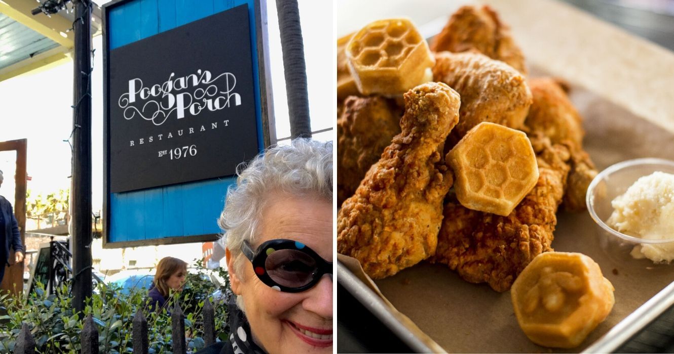 Um guia para a melhor comida do sul em Charleston 1 uma mulher tira uma selfie em frente ao poogans porch, chicken and waffles da cozinha de jestine em charleston, SC