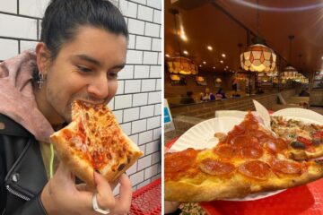 someone eating a slice of pizza, a nyc pizza restaurant