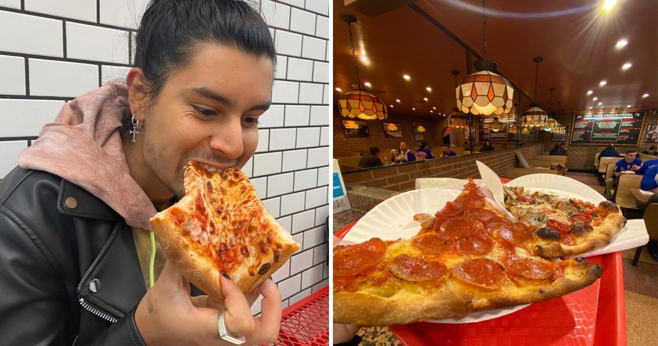 alguém comendo uma fatia de pizza, uma pizzaria em Nova York