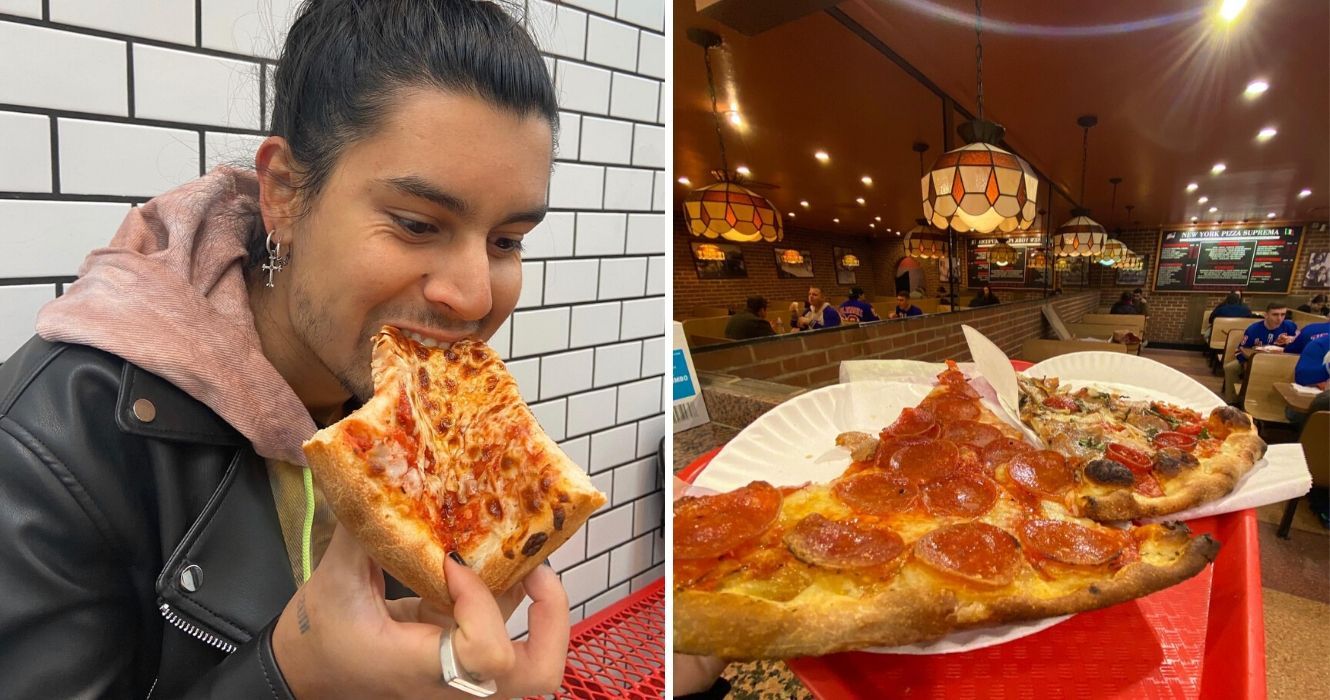 Um guia para a melhor pizza de Nova York 1 alguém comendo uma fatia de pizza, uma pizzaria em Nova York