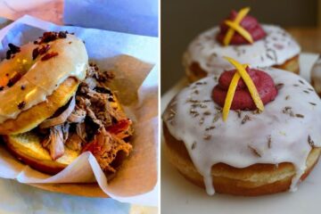 a pulled pork donut sandwich, a donut with a beet filling