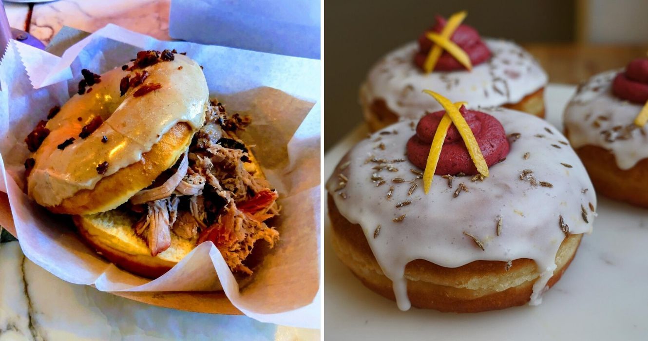 Um guia para os donuts mais estranhos dos Estados Unidos 1 um sanduíche de rosquinha de carne de porco desfiada, uma rosquinha com recheio de beterraba