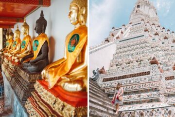 travelers visit the buddha and temples in thailand