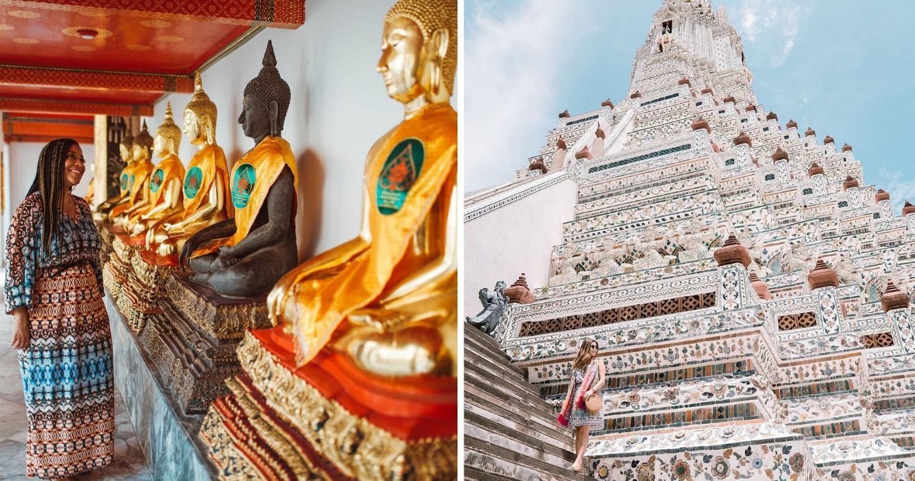 viajantes visitam buda e templos na tailândia