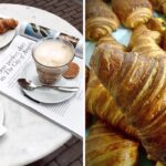 a breakfast of croissants and coffee, a freshly baked croissant