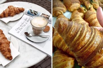 a breakfast of croissants and coffee, a freshly baked croissant