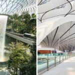 a rainbow over the waterfall at Singapore's Changi International Airport, the 'starfish' construction of Beijing Daxing International Airport