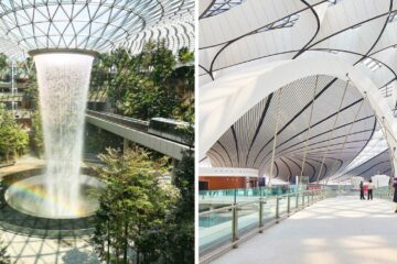 a rainbow over the waterfall at Singapore's Changi International Airport, the 'starfish' construction of Beijing Daxing International Airport