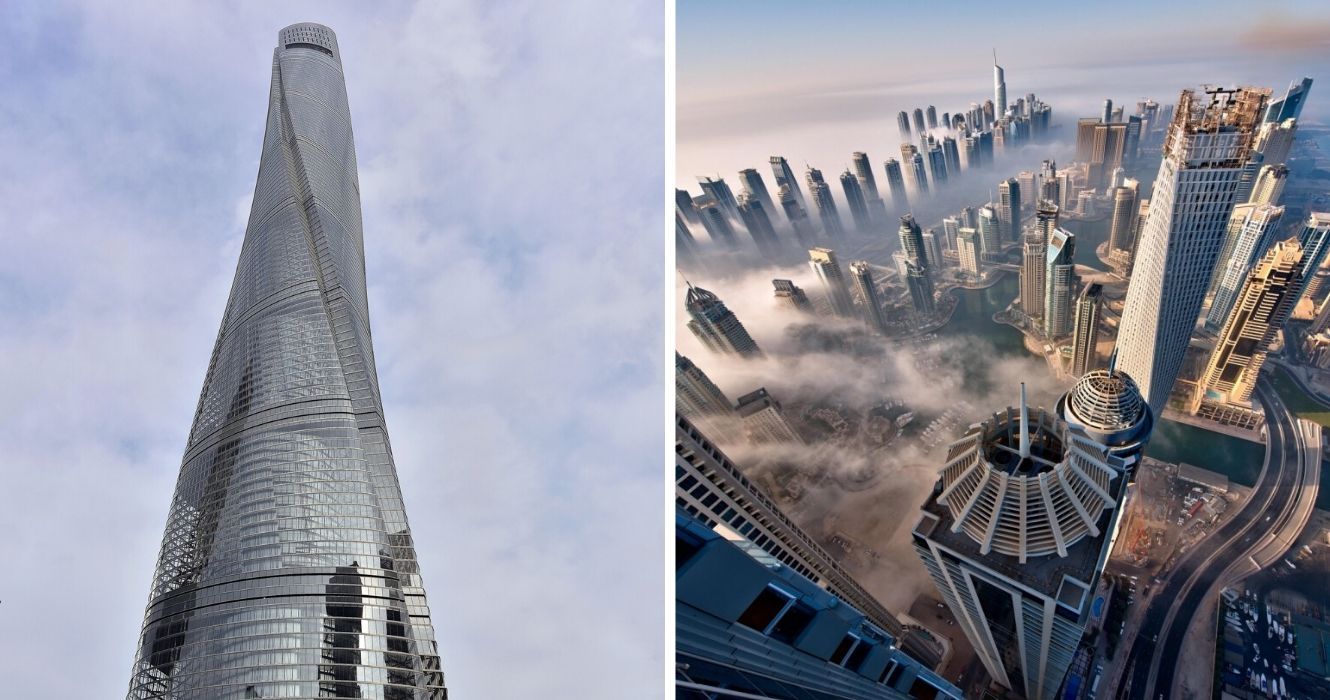 Vista de cima: estes são os arranha-céus mais altos do mundo agora 1 a torre de xangai na china, a vista do burj khalifa em dubai