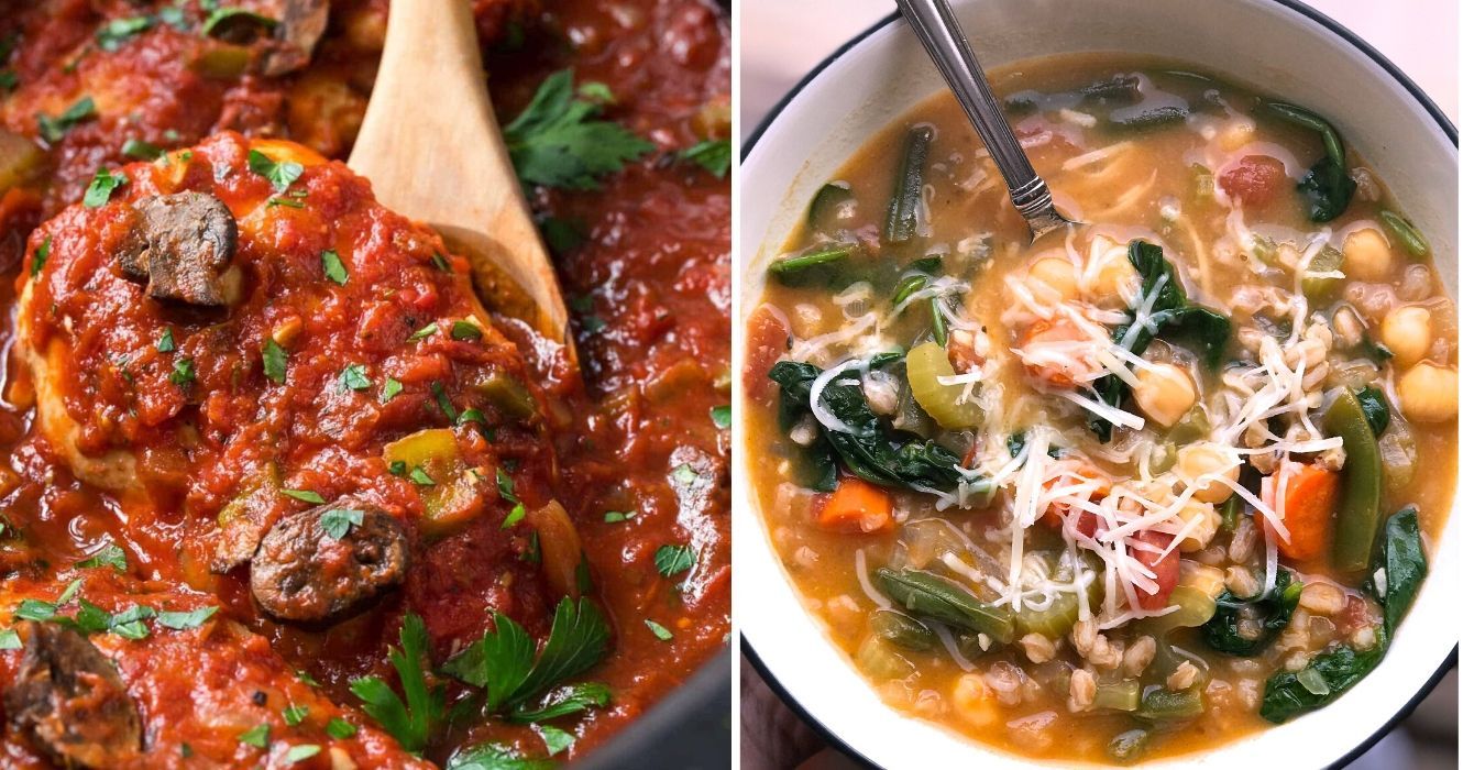 Você não saberia, mas esses pratos italianos têm menos calorias 1 uma panela cheia de cacciatore de frango, sopa minestrone caseira