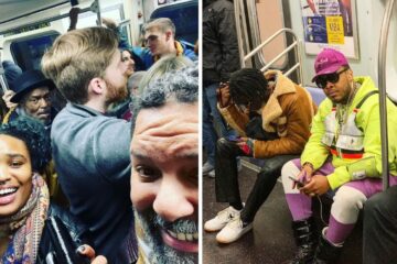 friends board a crowded subway, a man with interesting fashion sense sits on the subway