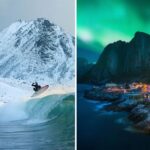 a surfer catches some arctic waves, the northern lights over norway