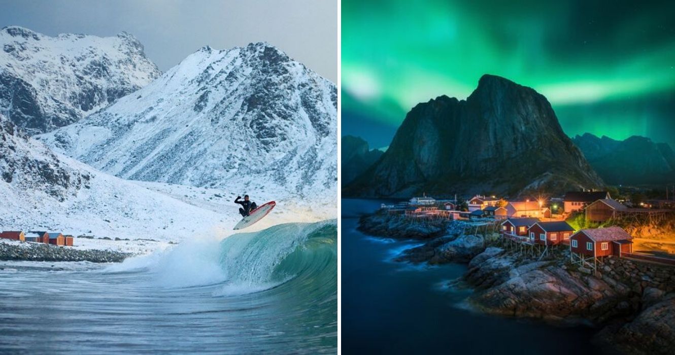 Você só pode ter essas experiências de viagem na Escandinávia 1 um surfista pega algumas ondas do ártico, as luzes do norte sobre a noruega