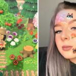 Screenshot of Animal Crossing park scene/Woman wearing Animal Crossing face paint and makeup