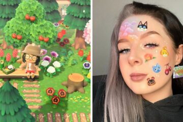 Screenshot of Animal Crossing park scene/Woman wearing Animal Crossing face paint and makeup