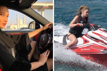 Bella Hadid driving a luxury car/Gigi Hadid riding a jetski