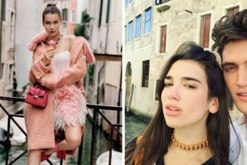 Bella Hadid at a photo shoot in Venice Italy/Dua Lipa selfie by Venice canals
