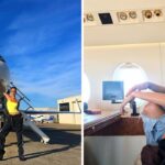 Bella Hadid posing by a private jet/Bella Hadid wearing a face mask on a private jet