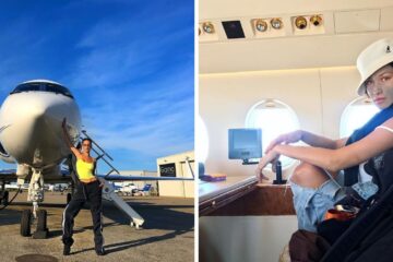 Bella Hadid posing by a private jet/Bella Hadid wearing a face mask on a private jet