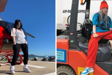 Billie Eilish posing by a helicopter/Billie Eilish sitting on an orange forklift