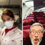 Two flight attendants wearing face masks/Man on a nearly empty flight due to coronavirus