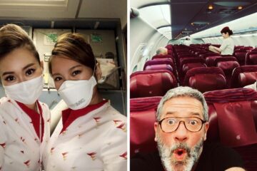 Two flight attendants wearing face masks/Man on a nearly empty flight due to coronavirus