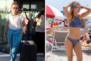 Gigi Hadid leaving the airport with a suitcase/Gigi Hadid in a bikini on a beach