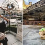 Girl posing in front of Mickey Mouse ferris wheel in Disneyland/ Baby Yoda looking lost