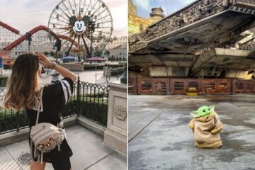 Girl posing in front of Mickey Mouse ferris wheel in Disneyland/ Baby Yoda looking lost