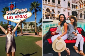 Girl posing in front of the Las Vegas sign/ two friends sit in a gondola at the Venetian