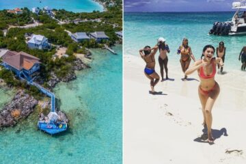 Resort in Turks and Caicos as seen from above/ Kylie Jenner and her friends running off a boat towards the beach