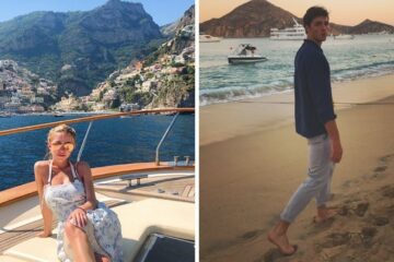 Sydney Sweeney on a yacht in Italy/Jacob Elordi walking on a beach