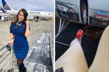 United Airlines flight attendant posing/passenger showing legroom on a flight