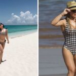 Vanessa Hudgens wearing a striped bikini on the beach/Hilary Duff in a checkered onepiece swimsuit at the beach
