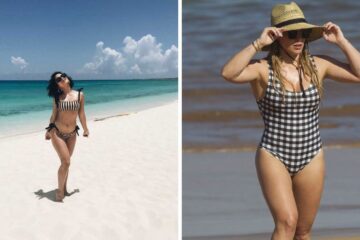 Vanessa Hudgens wearing a striped bikini on the beach/Hilary Duff in a checkered onepiece swimsuit at the beach